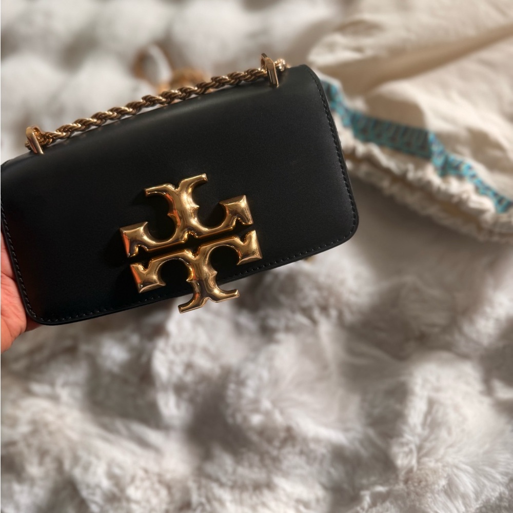 Tory Burch Black and Gold Crossbody Bag with Quilted Leather